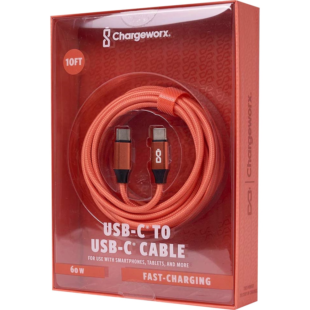 Power Cable, Tech, Chargeworx, Nylon, Tuff, 60 watt, 10', USB-C to USB-C, 988432, Desert Flower